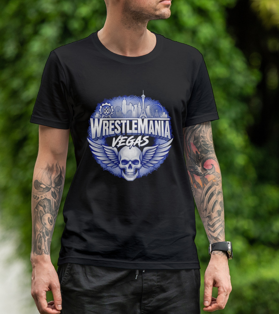 Cody Rhodes WWE Wrestlemania Vegas 42 Skull Wings Skyline T-Shirt