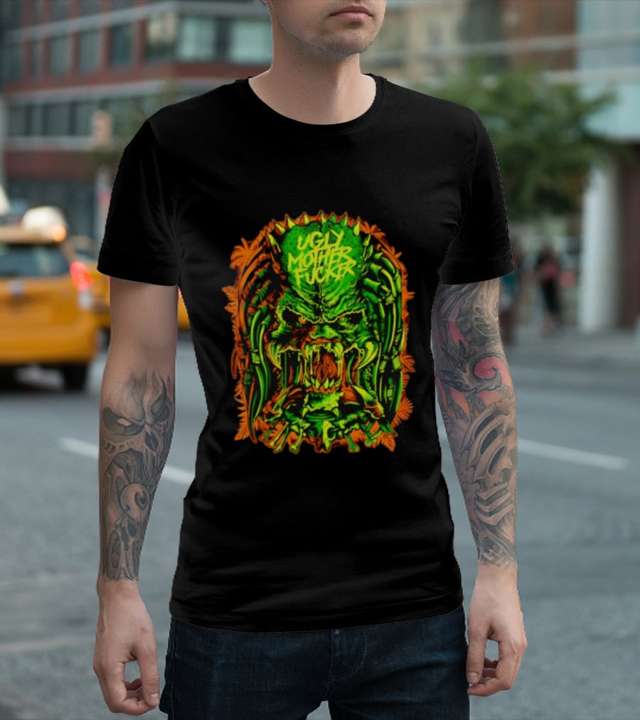 Predator Ugly Mother Fucker Alien Mask Neon Green And Orange T-Shirt