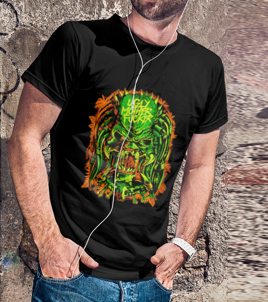Predator Ugly Mother Fucker Alien Mask Neon Green And Orange T-Shirt