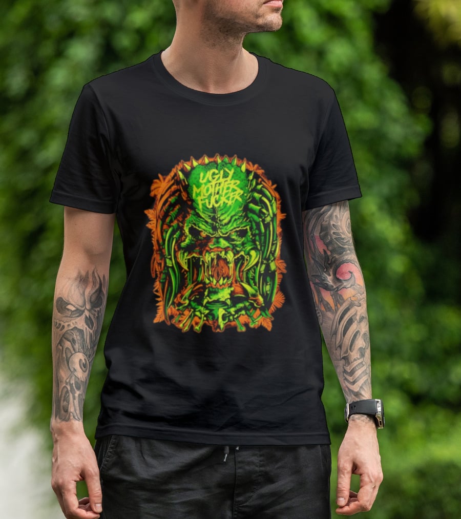 Predator Ugly Mother Fucker Alien Mask Neon Green And Orange T-Shirt