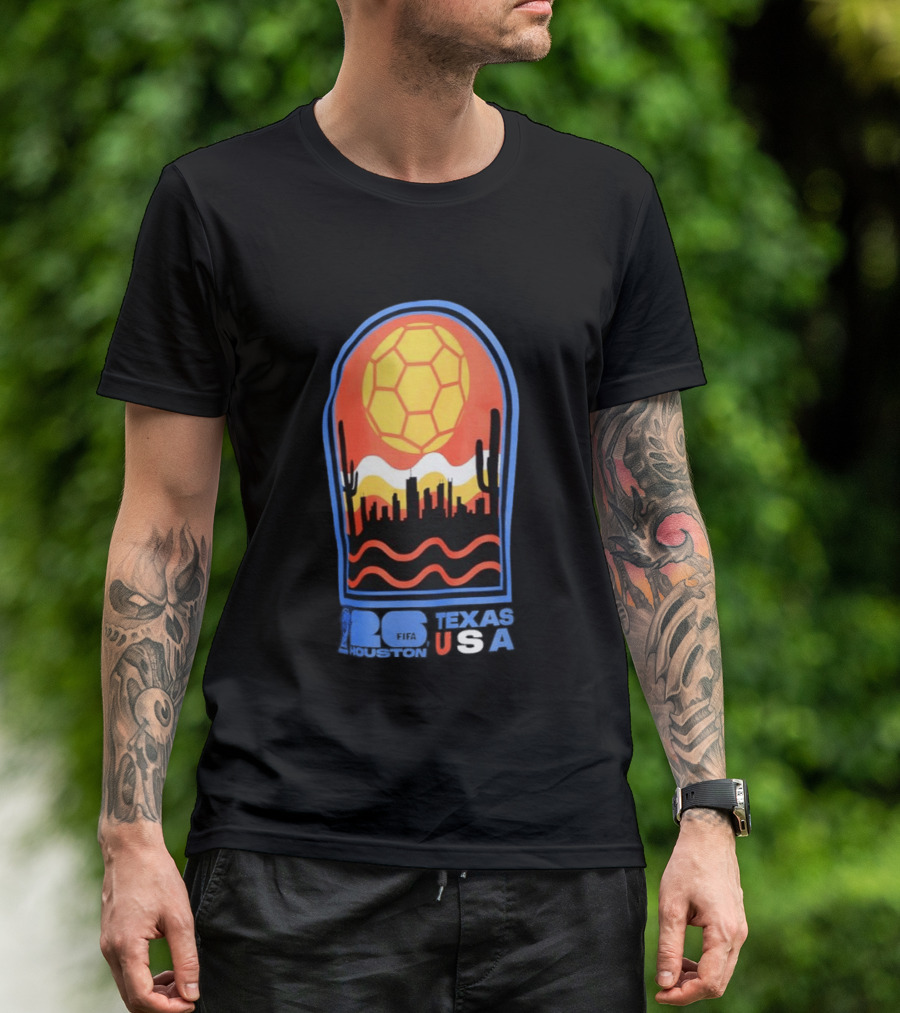 Texas USA FIFA 2026 Houston Skyline Cactus Sunset Soccer Ball T-Shirt