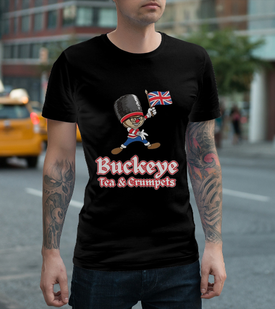 Buckeye Tea And Crumpets British Guard Cartoon With Union Jack Flag T-Shirt