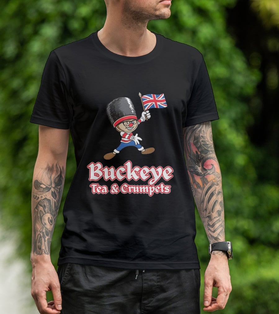Buckeye Tea And Crumpets British Guard Cartoon With Union Jack Flag T-Shirt
