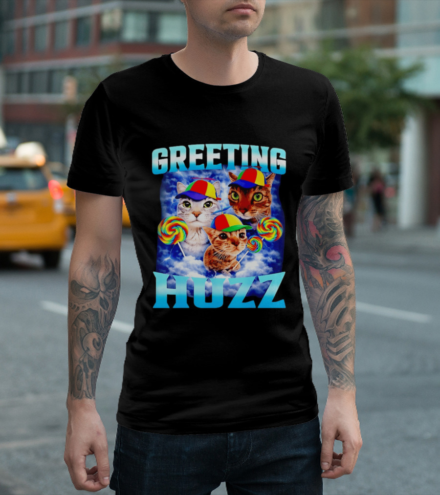 Greeting Huzz Cat Meme With Lollipops And Colorful Hats T-Shirt