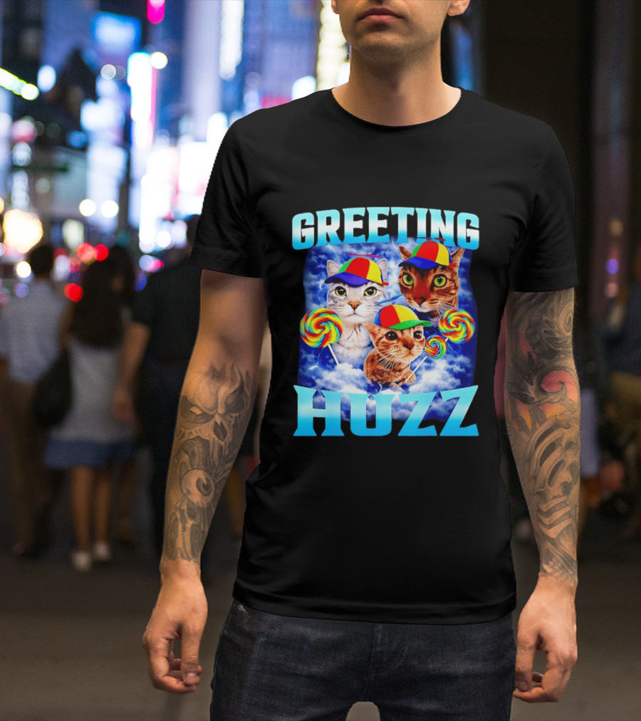 Greeting Huzz Cat Meme With Lollipops And Colorful Hats T-Shirt