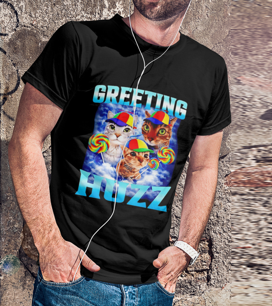Greeting Huzz Cat Meme With Lollipops And Colorful Hats T-Shirt
