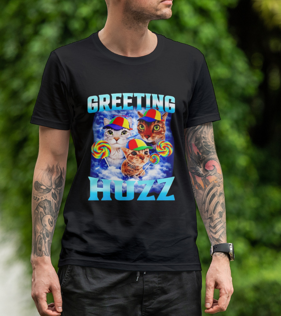Greeting Huzz Cat Meme With Lollipops And Colorful Hats T-Shirt