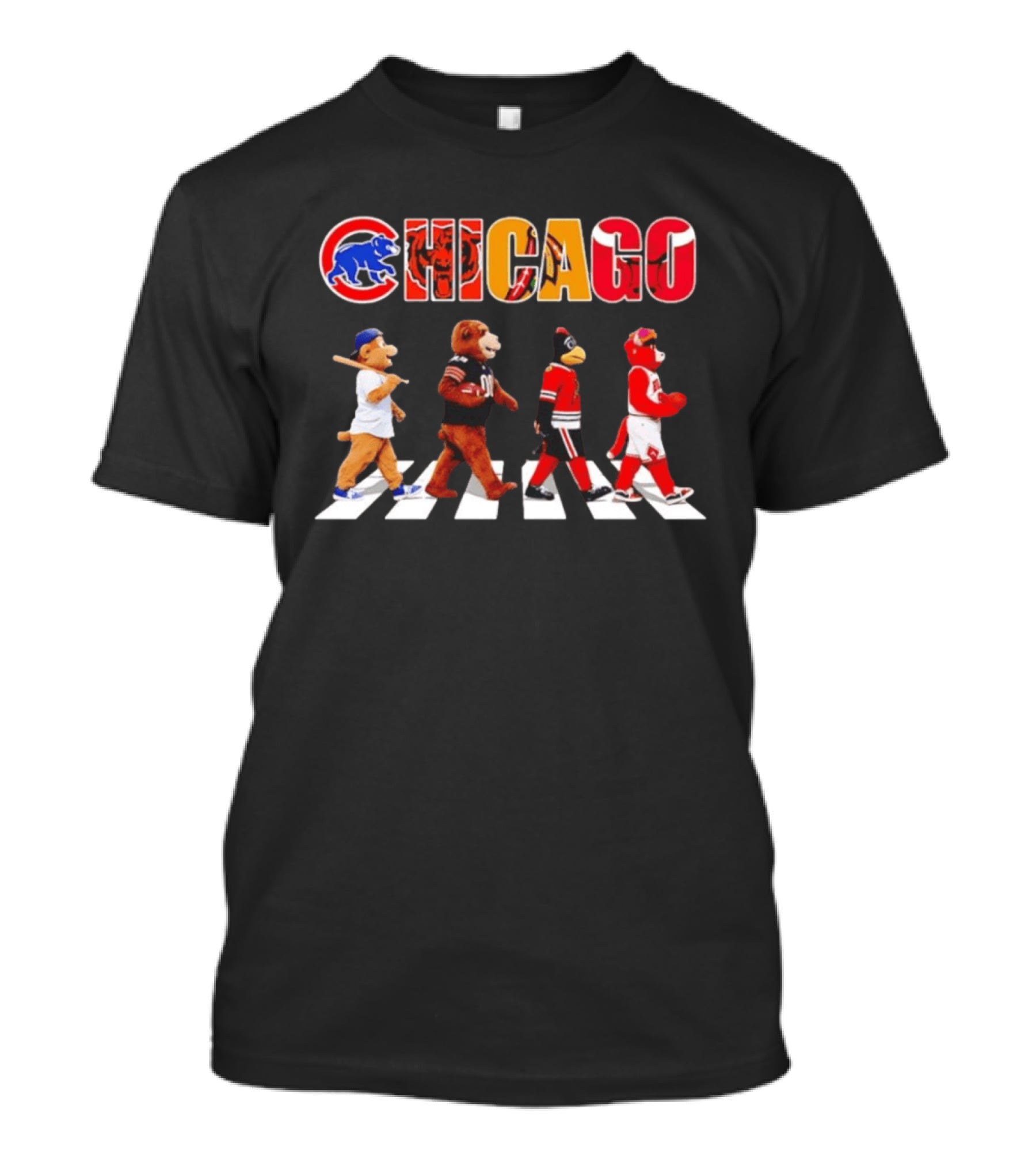 Chicago Cubs Bears Blackhawks Bulls Mascots Crossing Abbey Road T-Shirt
