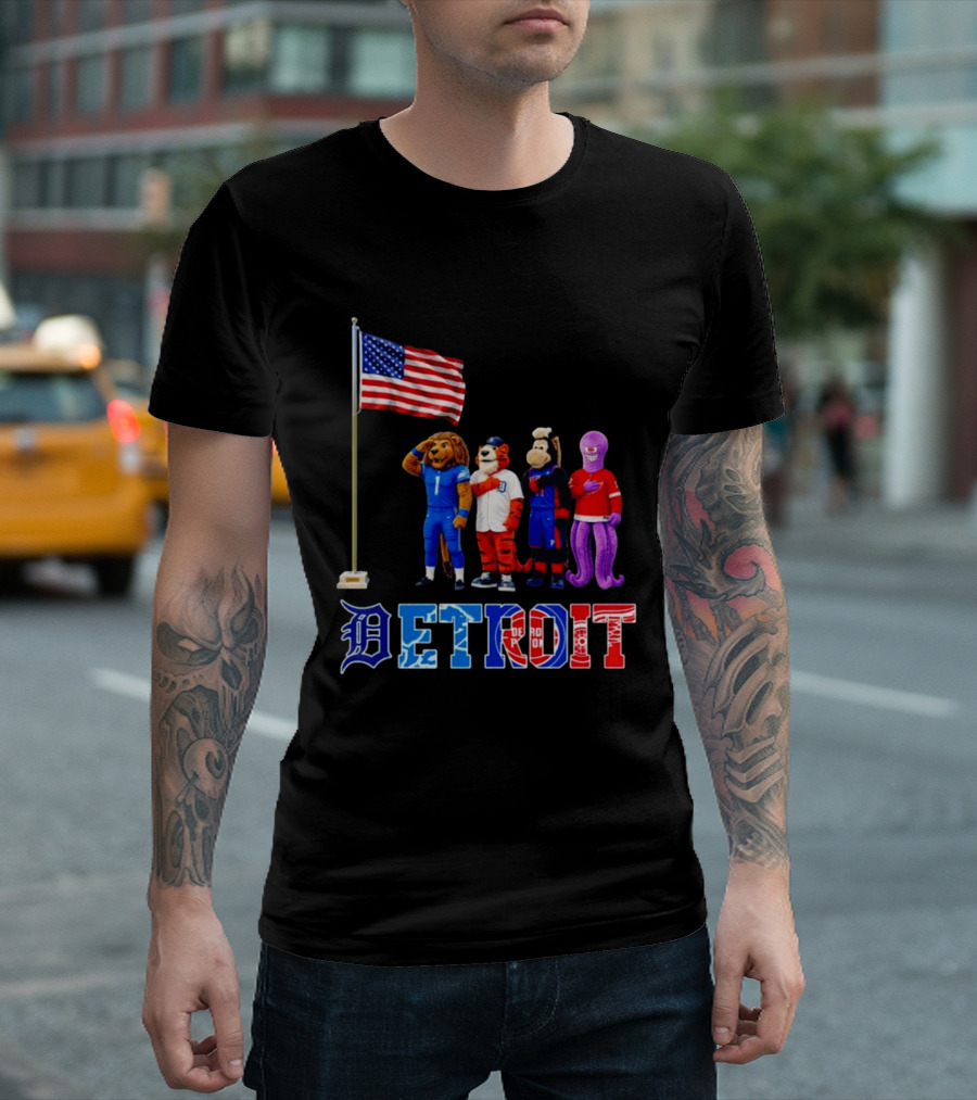 Detroit Mascots Salute American Flag T-Shirt