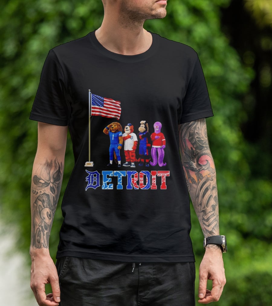 Detroit Mascots Salute American Flag T-Shirt