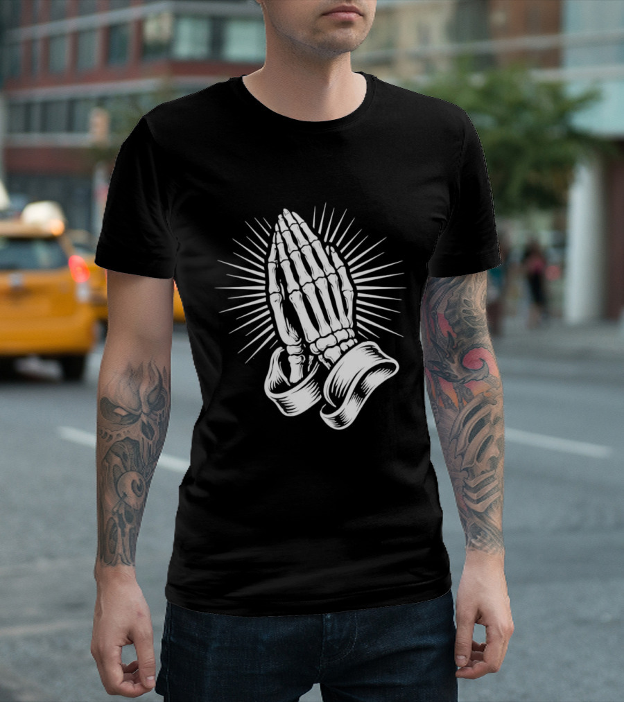 Skeleton Praying Hands Christian Symbol With Radiant Light T-Shirt