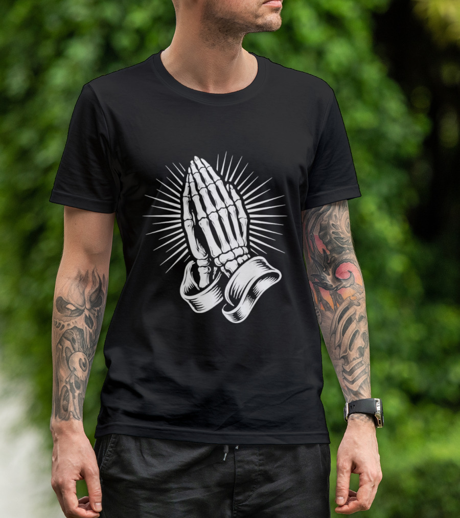 Skeleton Praying Hands Christian Symbol With Radiant Light T-Shirt