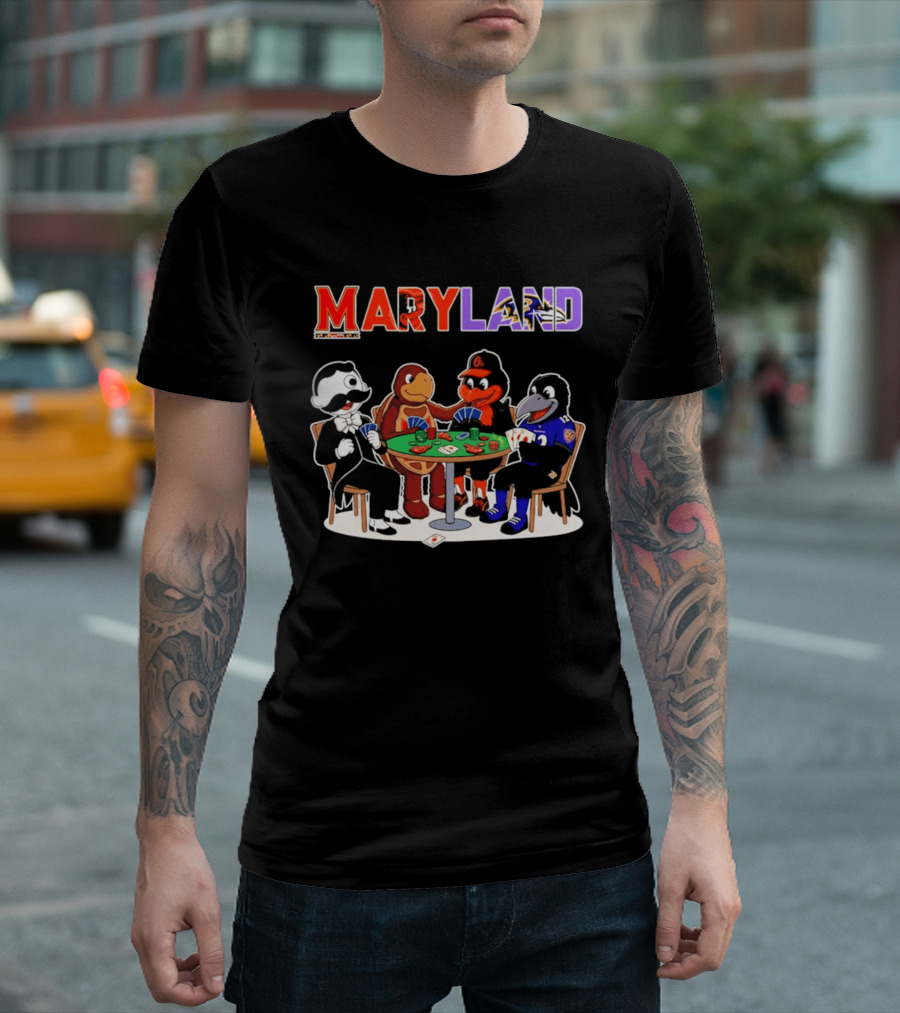 Maryland Mascots Playing Poker With Natty Boh, Orioles, Ravens, And Terrapins T-Shirt