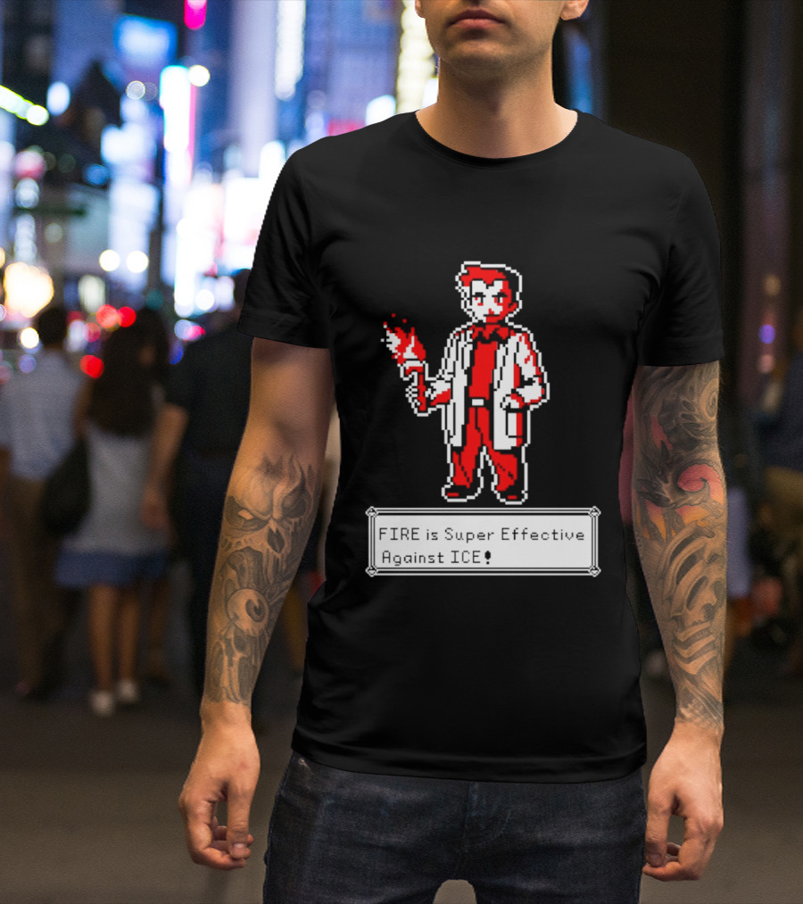 Fire Is Super Effective Against Ice Pixel Character Holding Flame In Retro Game T-Shirt