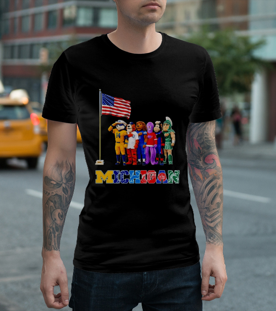 Patriotism In Michigan Sports Mascots Saluting American Flag T-Shirt