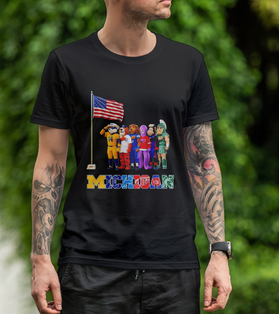 Patriotism In Michigan Sports Mascots Saluting American Flag T-Shirt