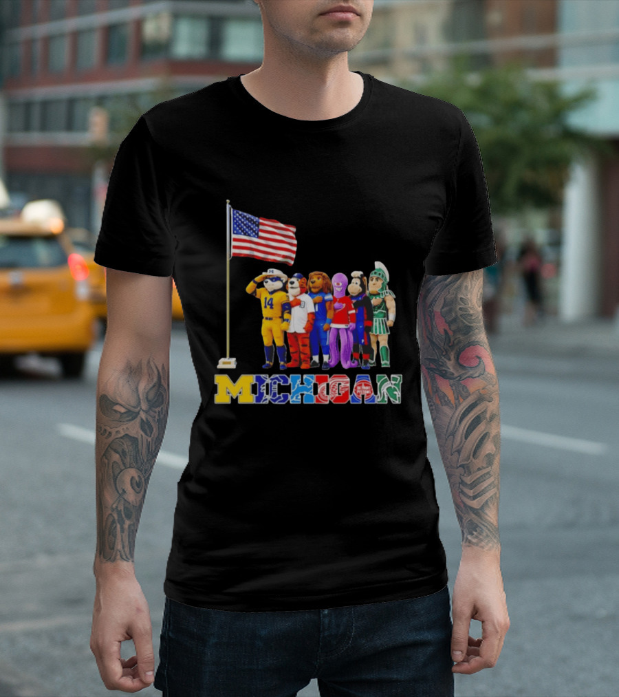 Michigan Wolverine Tigers Lions Red Wings Pistons Spartans Salute American Flag T-Shirt