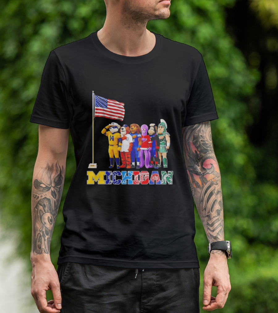 Michigan Wolverine Tigers Lions Red Wings Pistons Spartans Salute American Flag T-Shirt