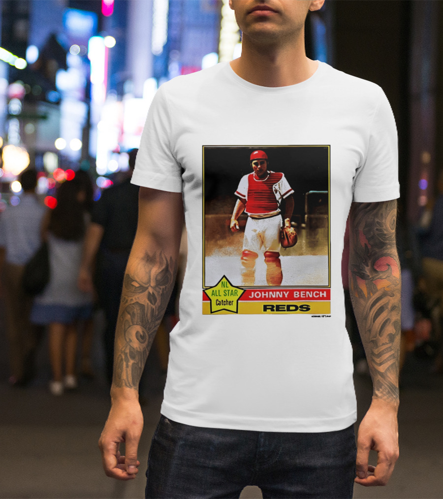 Johnny Bench Cincinnati Reds 1976 Topps NL All Star Catcher Retro Card T-Shirt