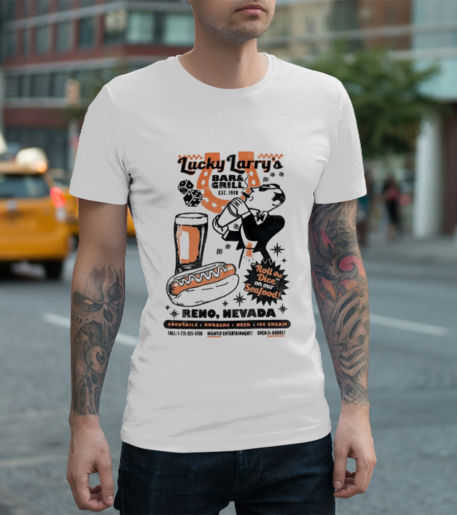 Lucky Larry's Bar & Grill EST 1954 Reno Nevada Cocktails Burgers Beer Ice Cream Roll The Dice On Our Seafood T-Shirt
