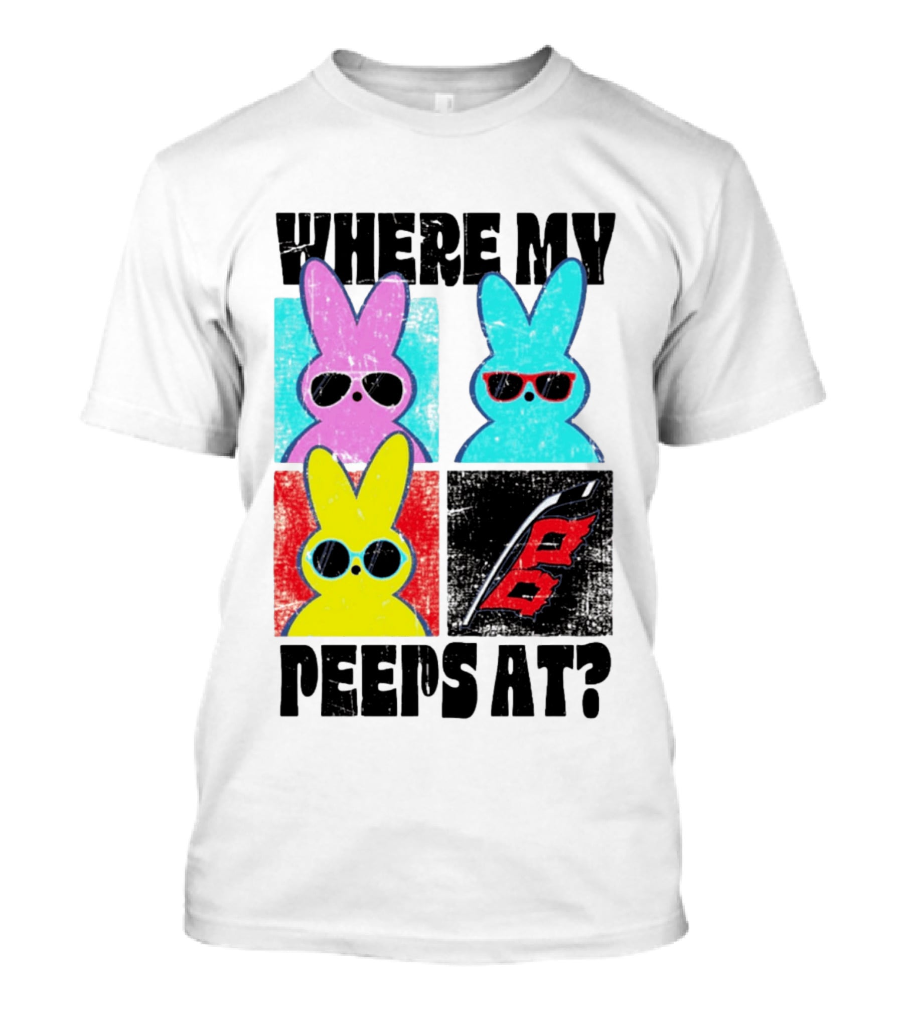 Where My Peeps At Sunglasses Colorful Bunnies Pop T-Shirt