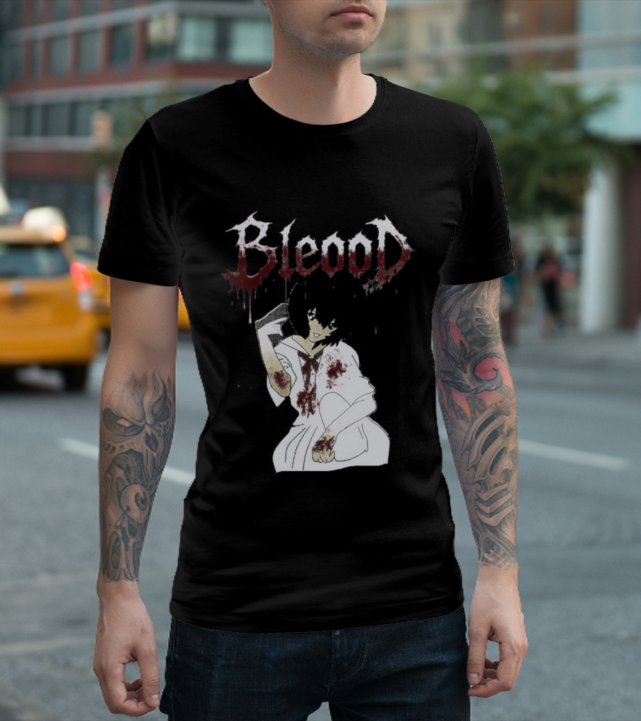 Blood Anime Style Dripping Text And Mysterious Figure T-Shirt