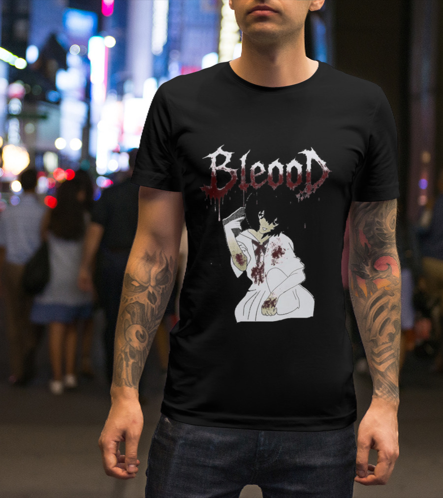 Blood Anime Style Dripping Text And Mysterious Figure T-Shirt
