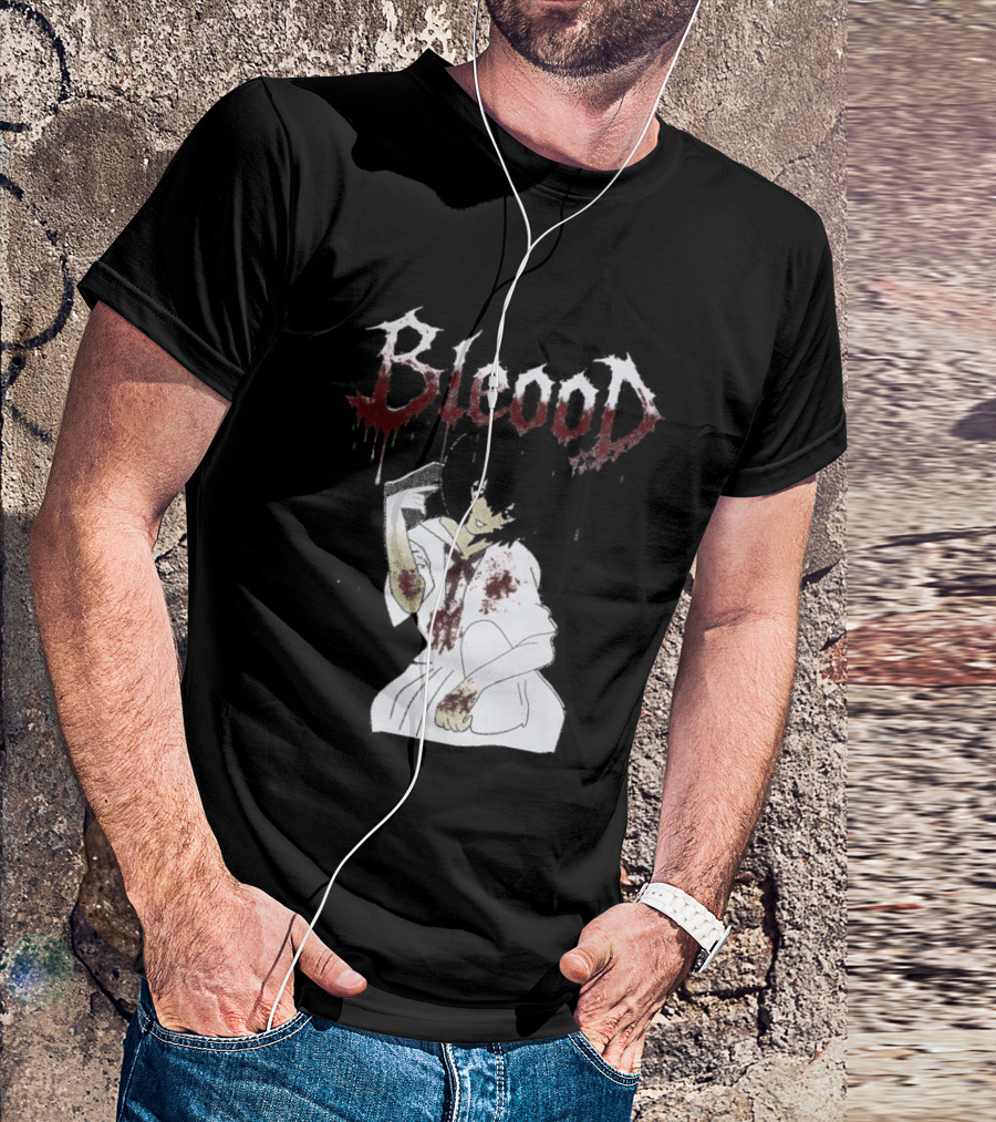 Blood Anime Style Dripping Text And Mysterious Figure T-Shirt