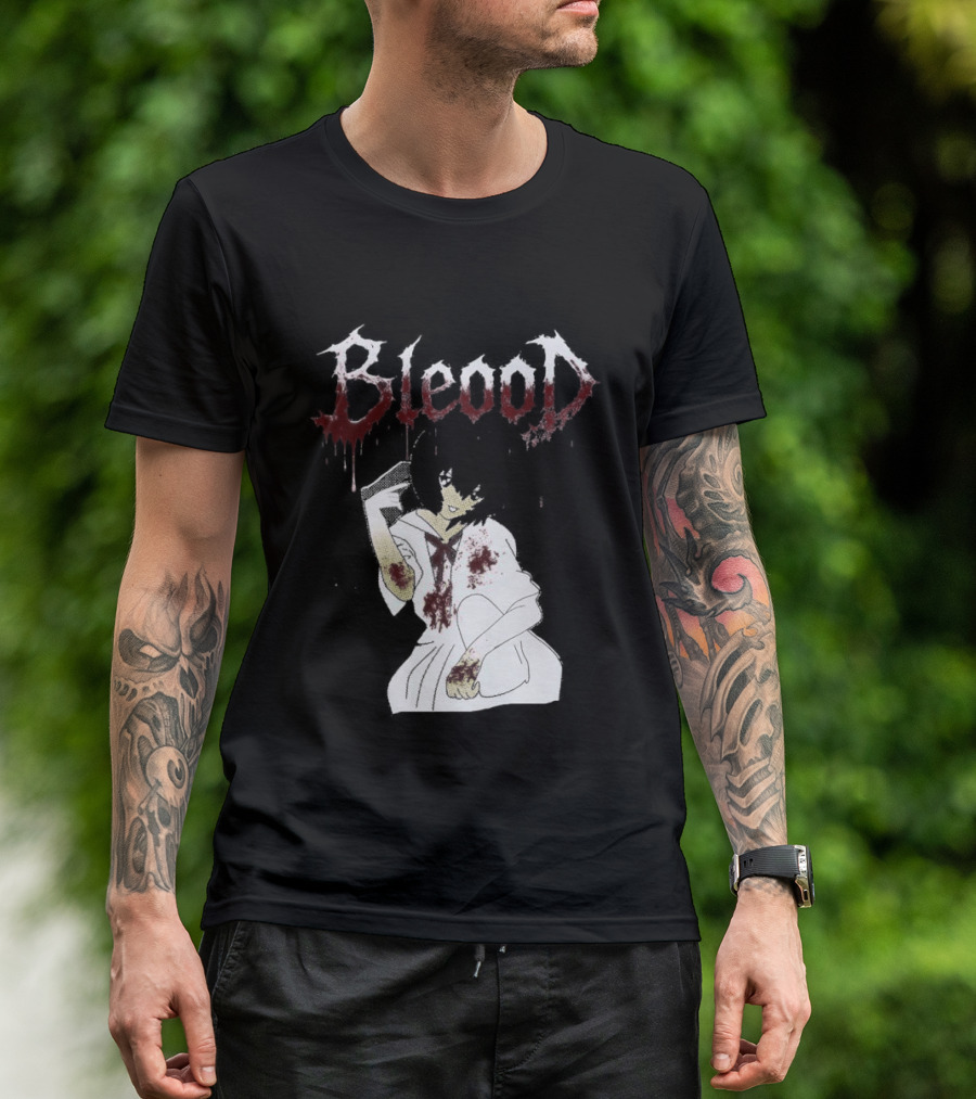 Blood Anime Style Dripping Text And Mysterious Figure T-Shirt