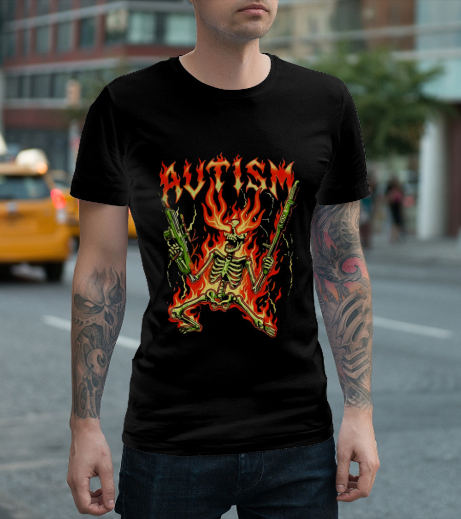 Skeleton Blazing Holding Two Rifle Guns Autism Flame T-Shirt