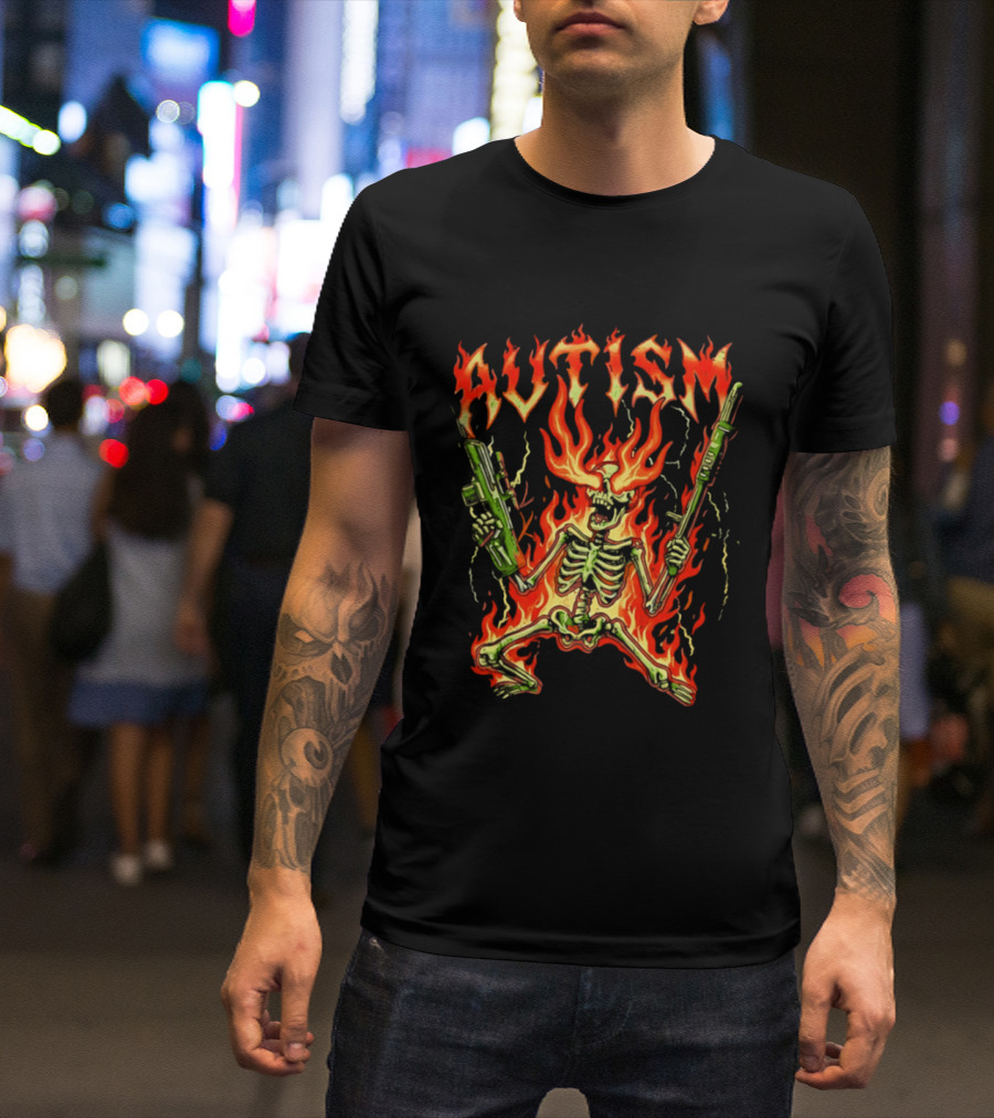 Skeleton Blazing Holding Two Rifle Guns Autism Flame T-Shirt