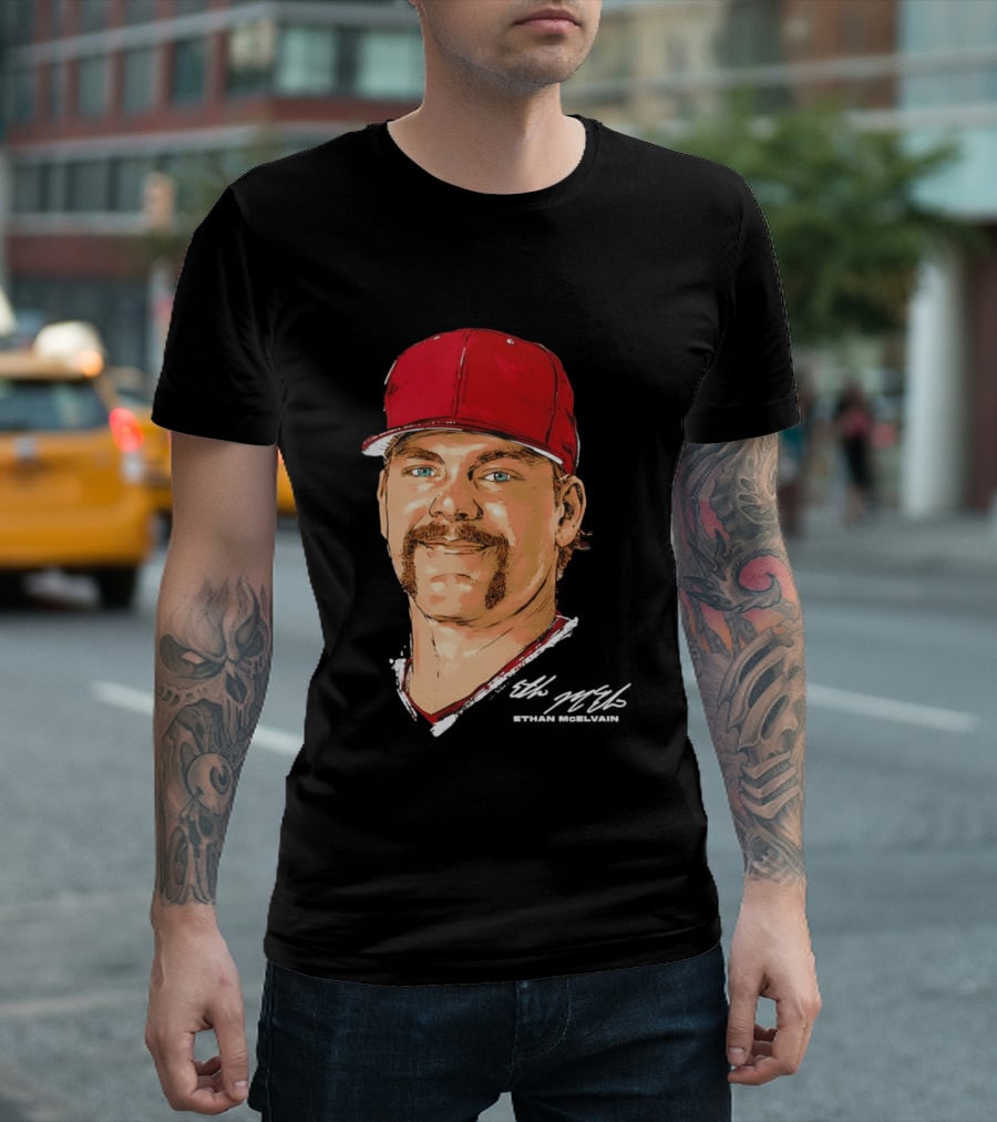 Ethan McElvain Arkansas Razorbacks Baseball Player Portrait In Red Cap T-Shirt