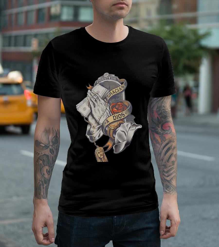 Streetwise Gracias A Dios Prayer Hands Rose Rosary T-Shirt