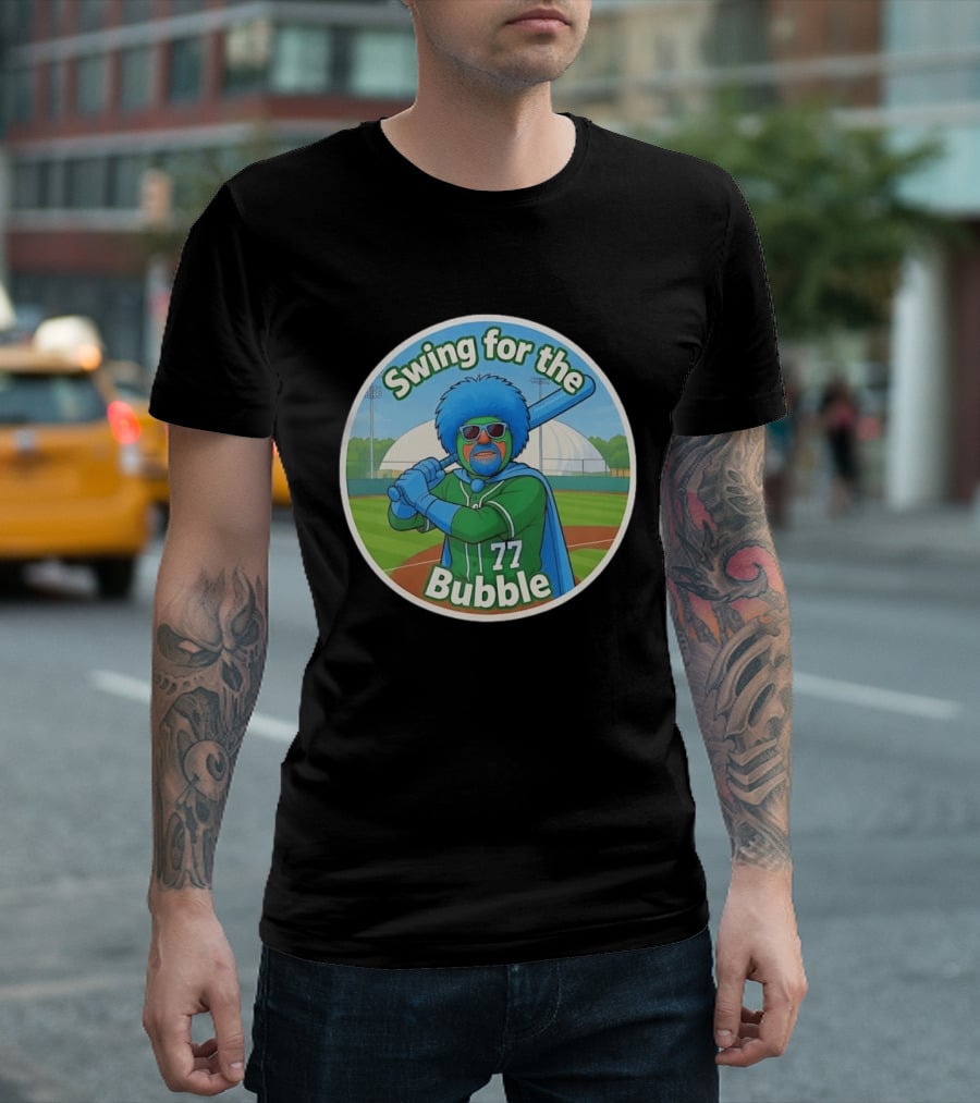 Swing For The Bubble 77 Baseball Cartoon Player Stadium T-Shirt