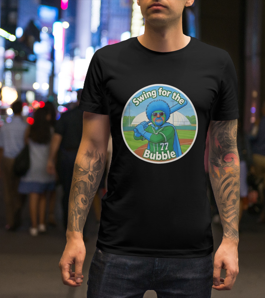 Swing For The Bubble 77 Baseball Cartoon Player Stadium T-Shirt