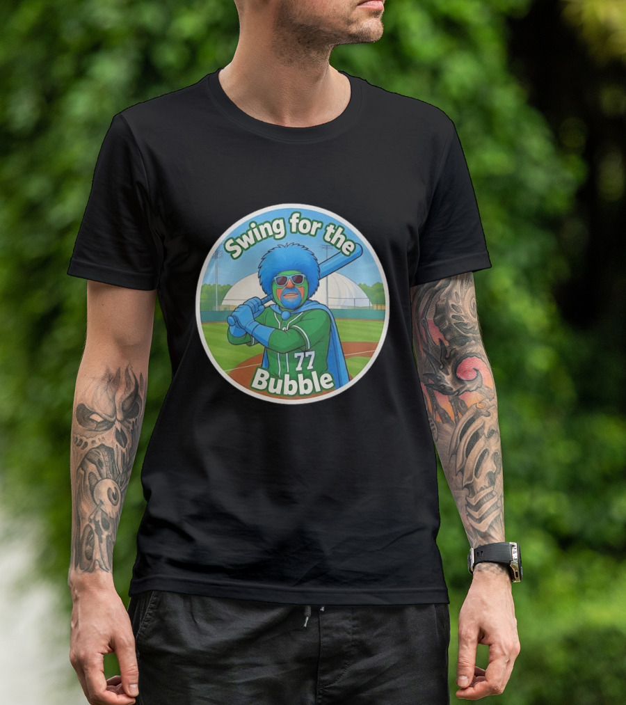 Swing For The Bubble 77 Baseball Cartoon Player Stadium T-Shirt