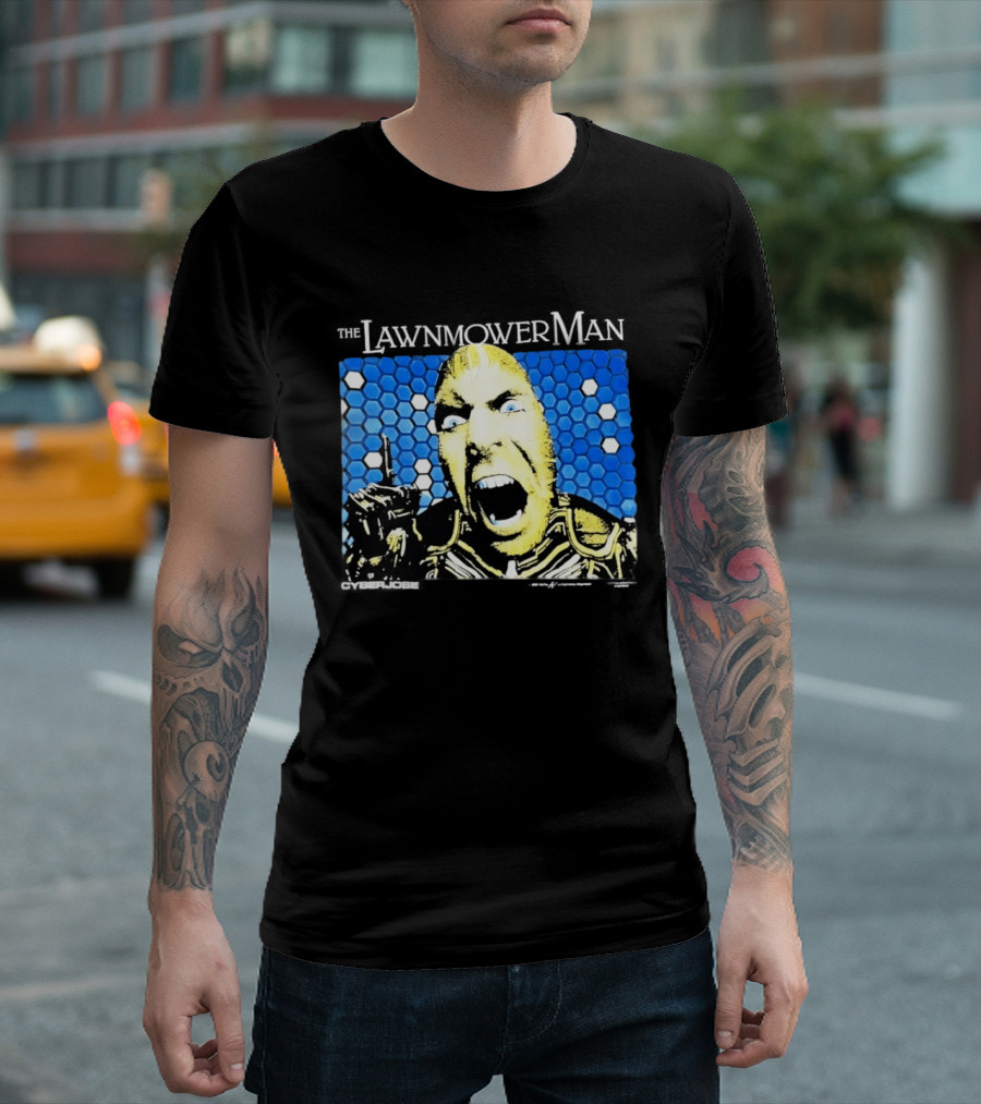 The Lawnmower Man Futuristic Cybernetic Face Against Blue Hexagon T-Shirt