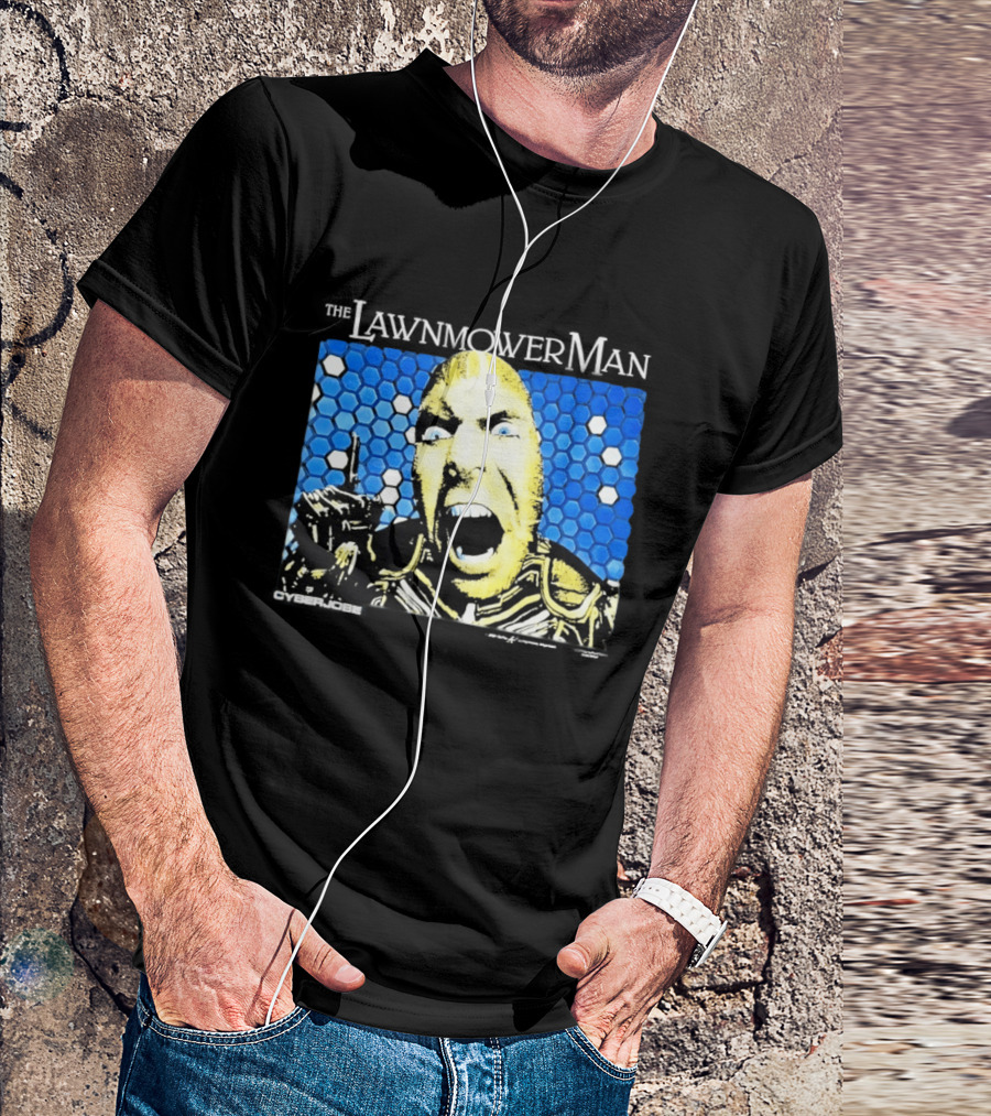 The Lawnmower Man Futuristic Cybernetic Face Against Blue Hexagon T-Shirt