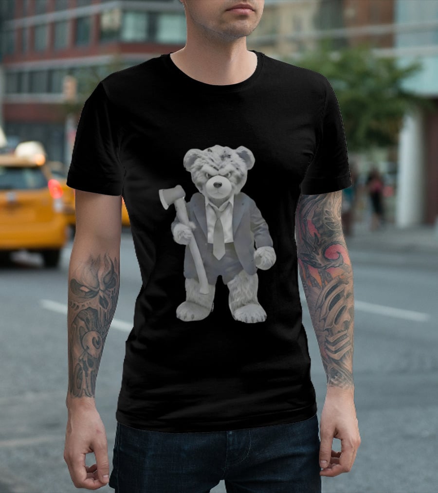 Grumpy Teddy Bear In Suit Holding Axe Horror T-Shirt