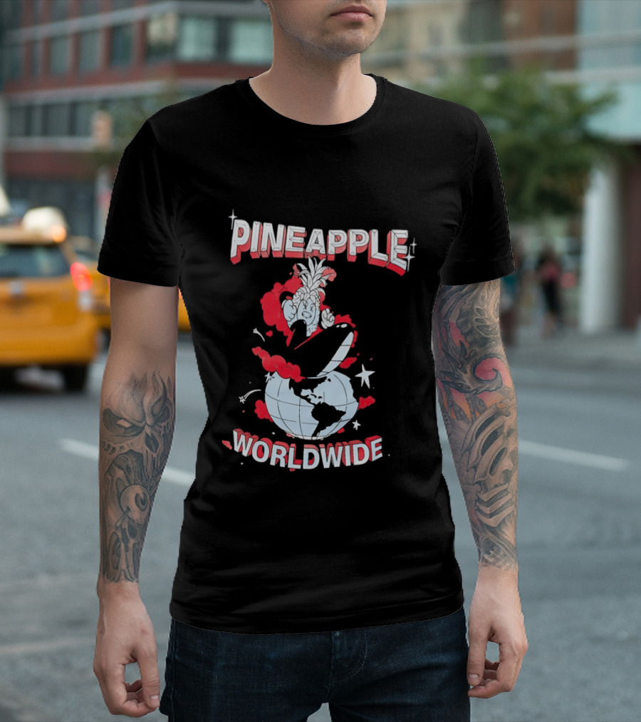 Pineapple Worldwide Cartoon Exploding Globe T-Shirt