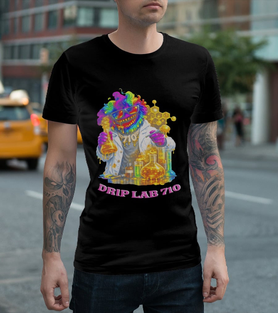 Drip Lab 710 Psychedelic Monster Chemist With Colorful Beakers T-Shirt