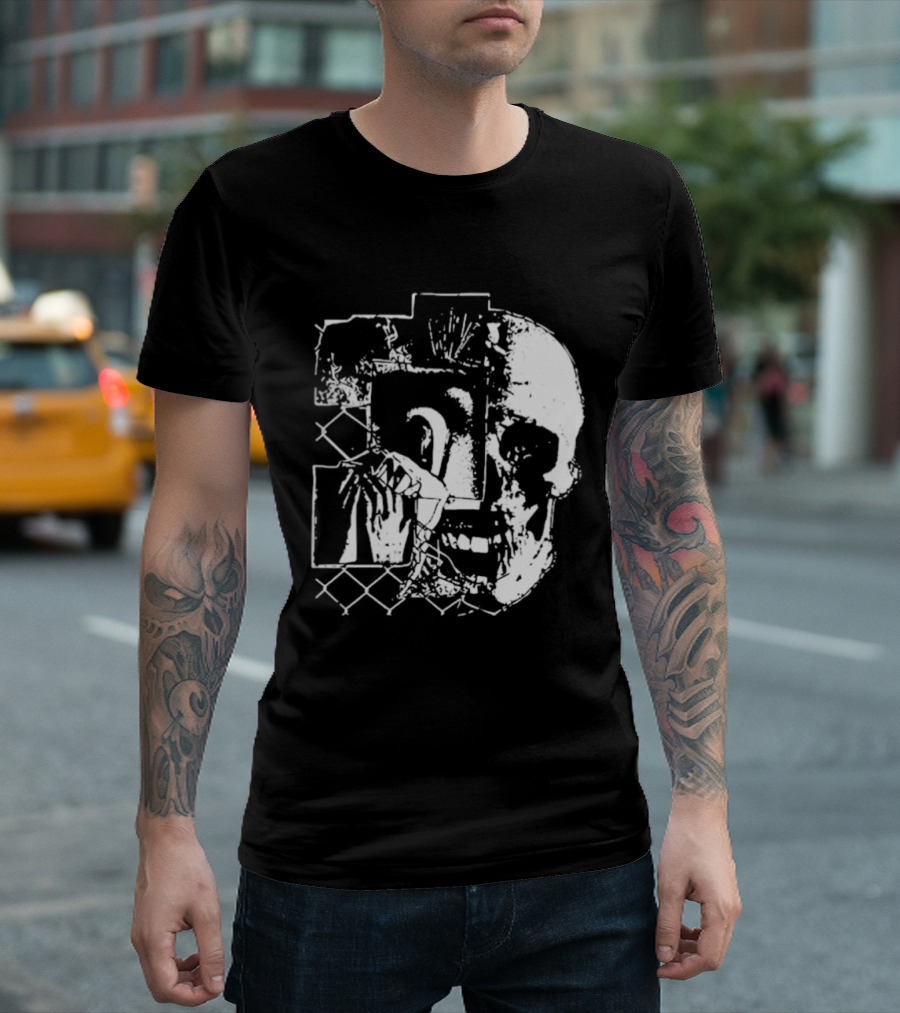 Harms Way Chain Link Skull 2026 Distorted Surreal White Design With Fence T-Shirt