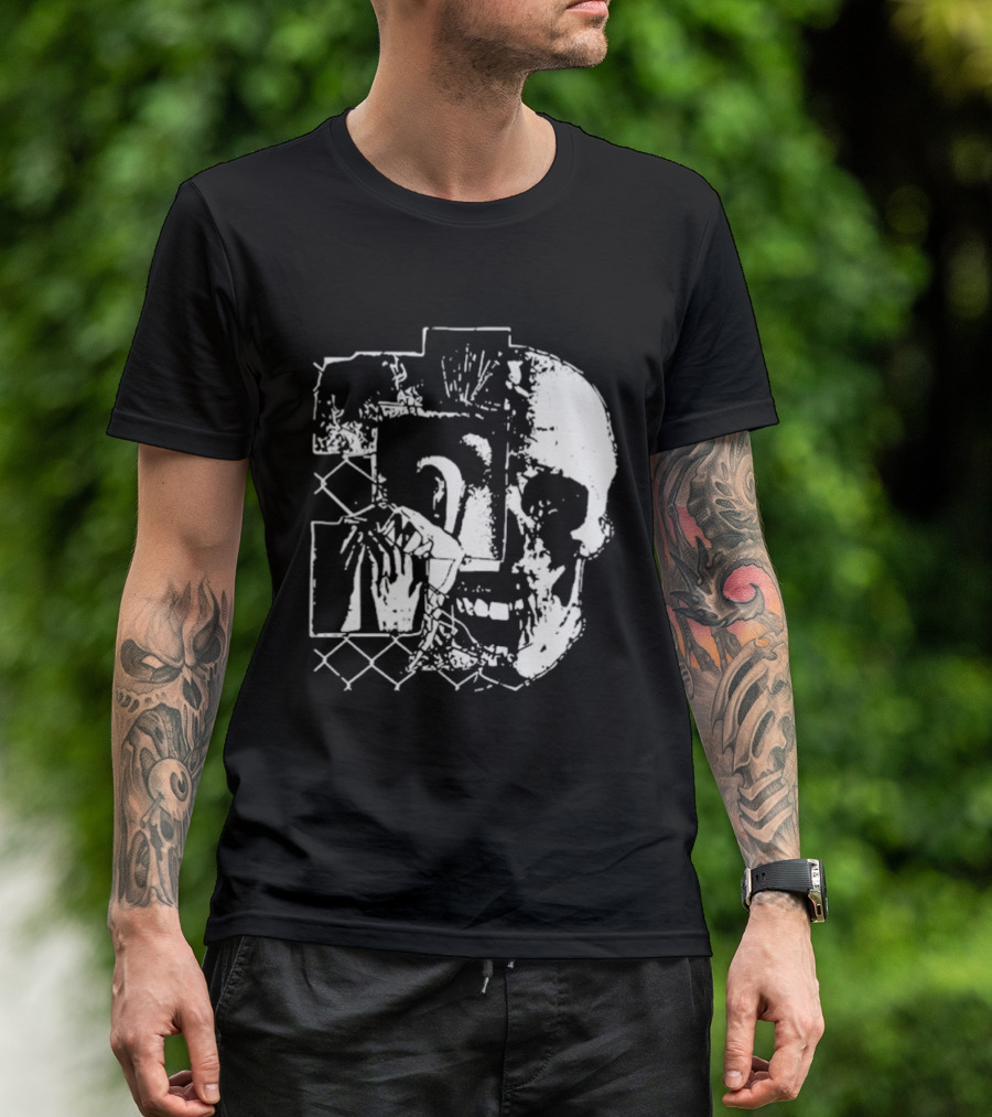 Harms Way Chain Link Skull 2026 Distorted Surreal White Design With Fence T-Shirt