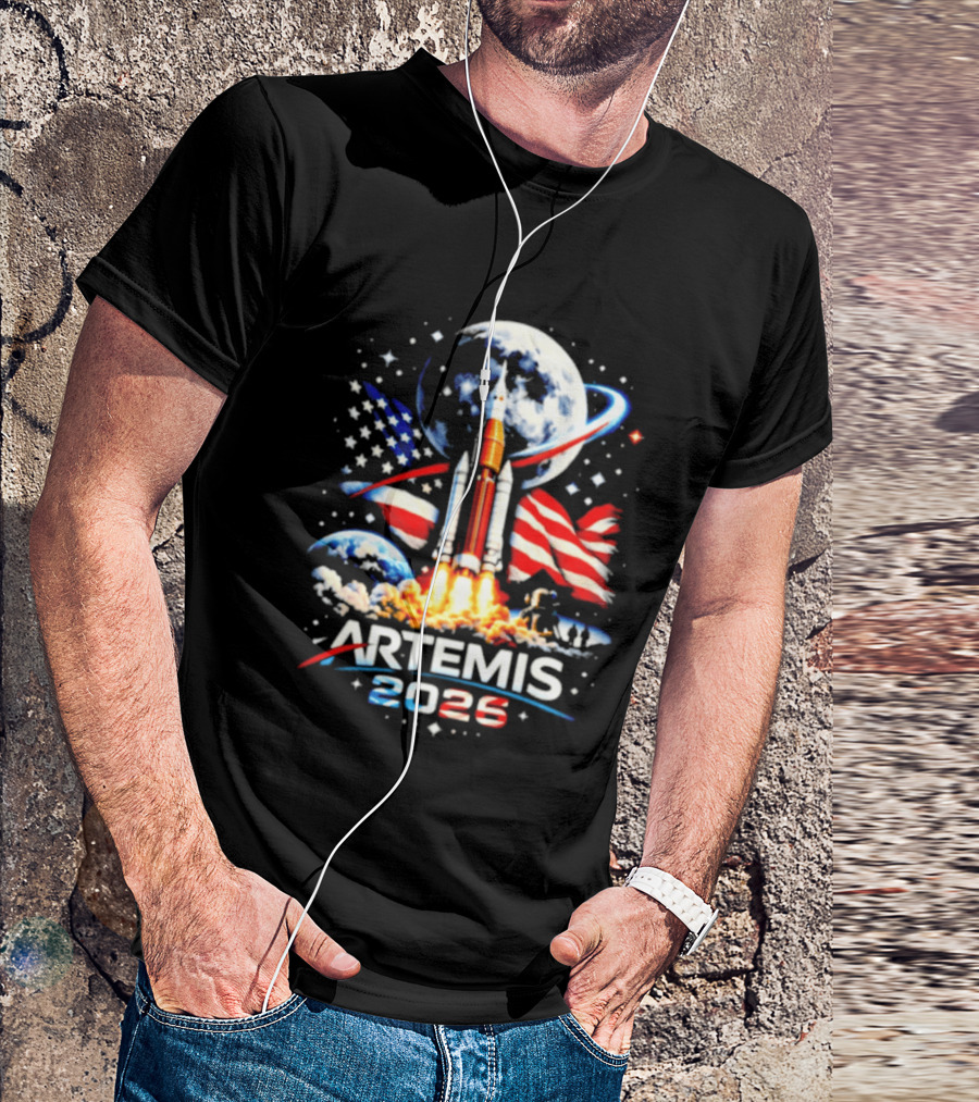 Artemis 2025 Rocket Launch USA Flag Moon Exploration T-Shirt