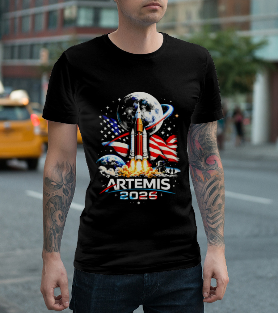 Artemis 2026 Moon Mission American Rocket Launch With Flag And Stars T-Shirt