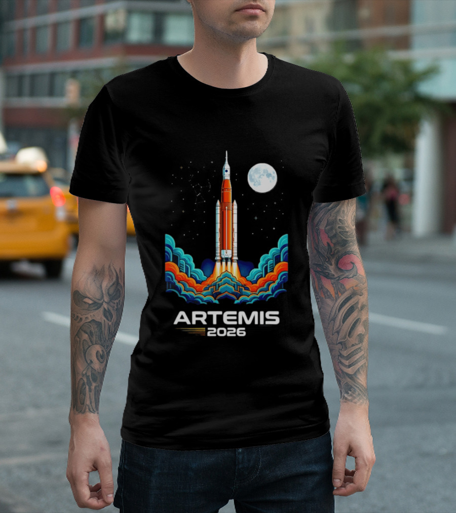 Artemis 2026 Moon Mission Rocket Launch With Vibrant Waves And Full Moon T-Shirt