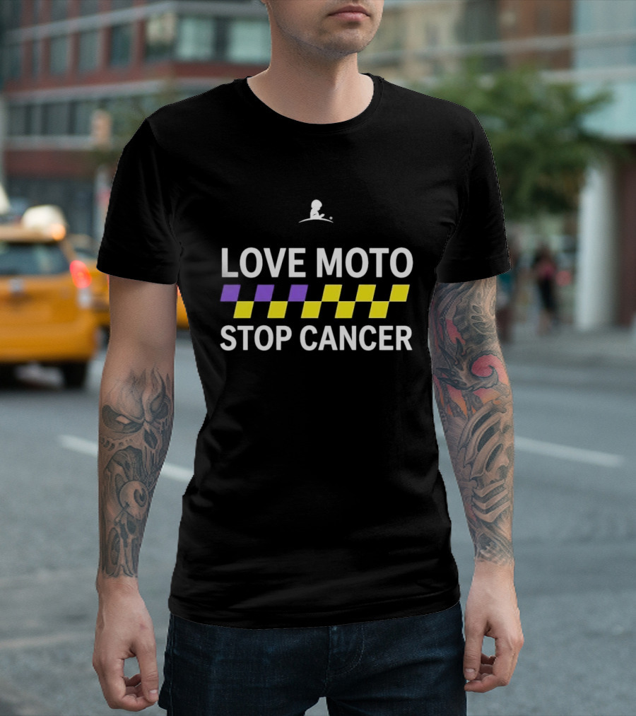 Love Moto Stop Cancer St. Jude Purple Yellow Checkered Racing T-Shirt