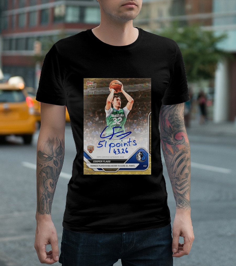 Topps Now Cooper Flagg 51 Points Youngest NBA History Dallas Mavericks Rookie Card T-Shirt