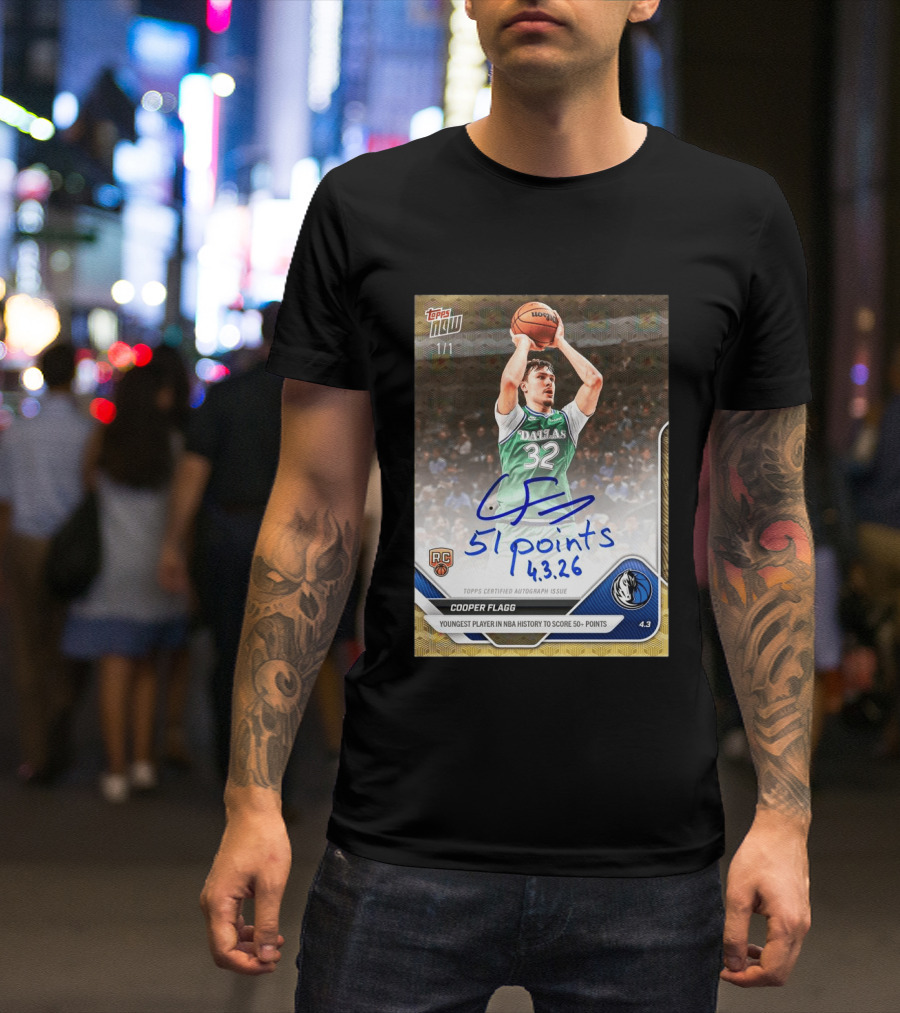 Topps Now Cooper Flagg 51 Points Youngest NBA History Dallas Mavericks Rookie Card T-Shirt