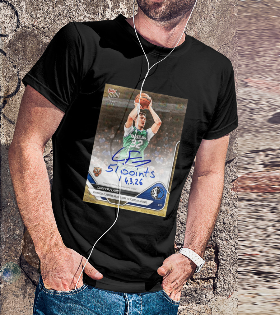 Topps Now Cooper Flagg 51 Points Youngest NBA History Dallas Mavericks Rookie Card T-Shirt